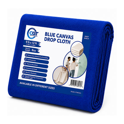 Blue canvas drop cloth with CGT label on a white background