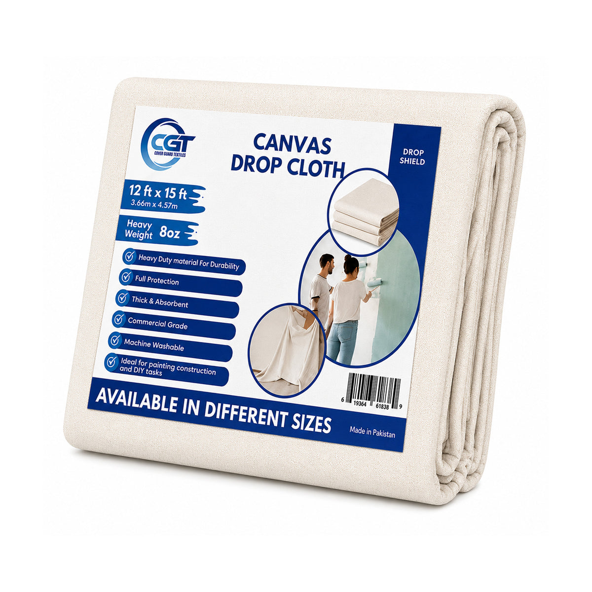 Canvas drop cloth with CGT branding and product details on a white background