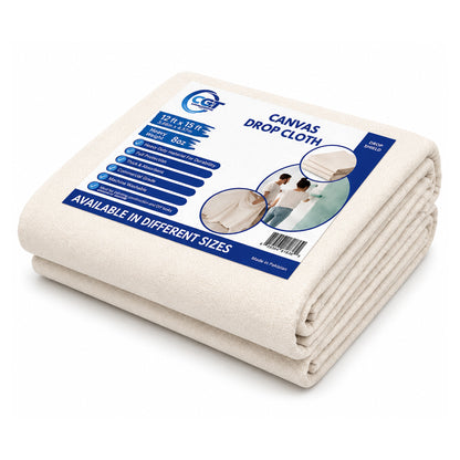 Canvas drop cloth with a label on a white background