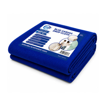 Folded blue canvas drop cloth with a label on a white background