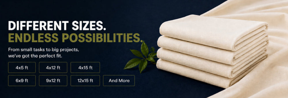 A promotional banner for bed sheets showing a stack of folded cream-colored cotton sheets on a dark navy background with draped fabric. Text reads 'DIFFERENT SIZES.